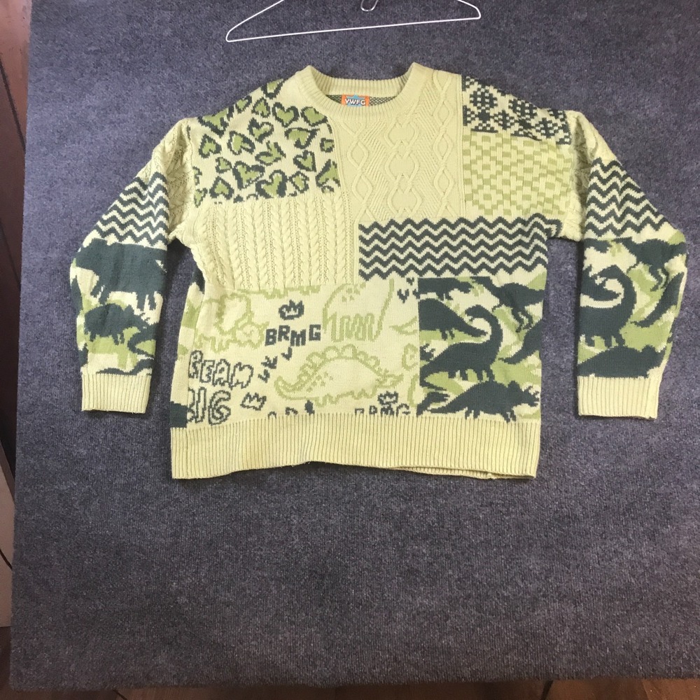 YWFG Sweater Mens XL Green Good Dinosaur Print Patchwork Cable Knit Crew Neck